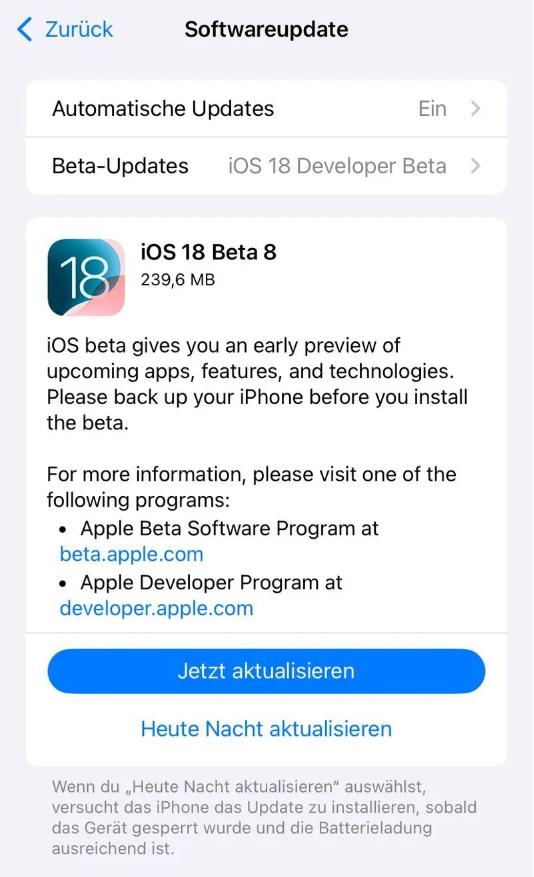 攸县苹果手机维修分享苹果 iOS / iPadOS 18 开发者预览版 Beta 8 发布 